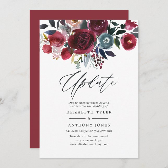 Boho Chic Burgundy and Navy floral Wedding Update Invitation (Front/Back)