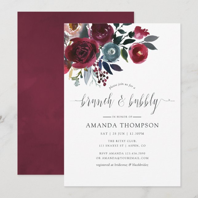 Boho Chic Burgundy & Navy floral Brunch and Bubbly Invitation (Front/Back)