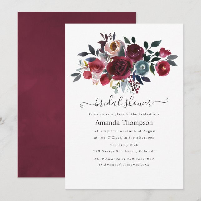 Boho Chic Burgundy & Navy floral Brunch and Bubbly Invitation (Front/Back)