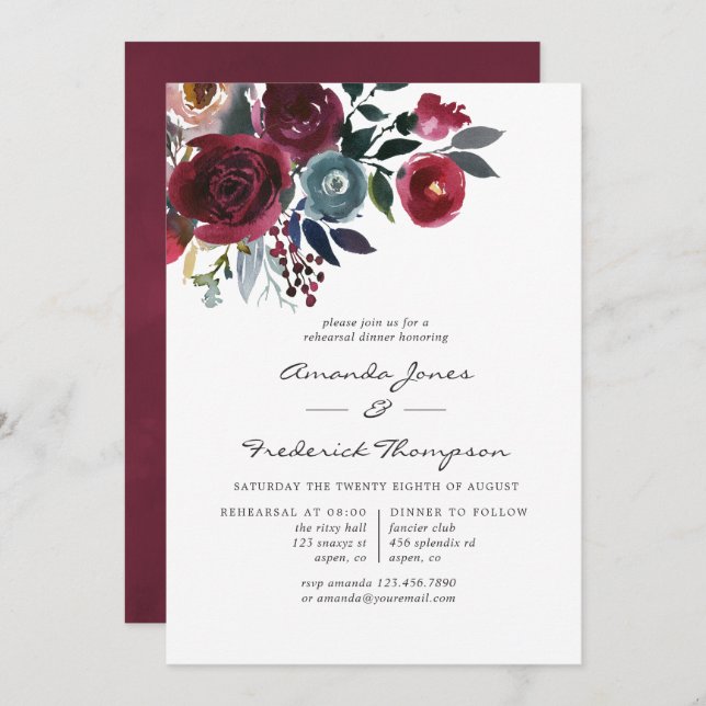 Boho Chic Burgundy & Navy floral Rehearsal Dinner Invitation (Front/Back)