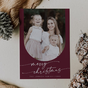 Boho Chic Burgundy Photo Boho Family Christmas Holiday Card