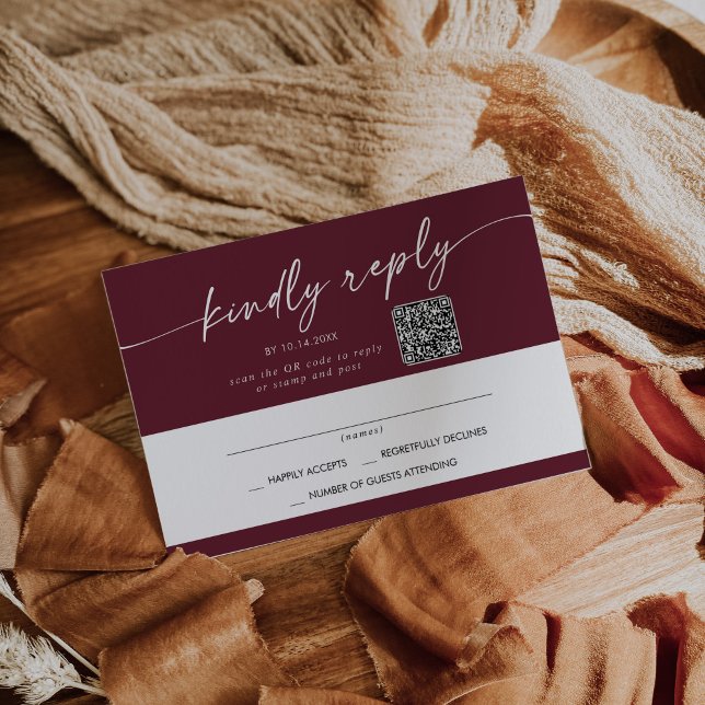 Boho Chic Burgundy Red Mail In and QR Code RSVP Card (Creator Uploaded)