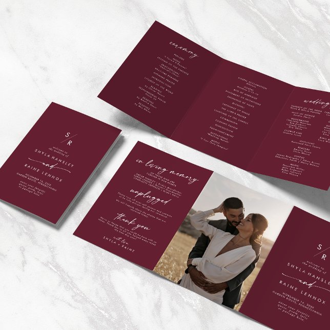 Boho Chic Burgundy Red Monogram Wedding Tri-Fold Programme (Creator Uploaded)