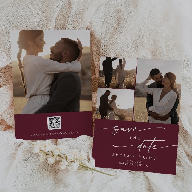 Boho Chic Burgundy Red Multi Photo QR Code Save The Date (Creator Uploaded)