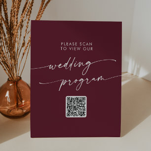 Boho Chic Burgundy Red QR Code Wedding Program Pedestal Sign