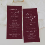 Boho Chic Burgundy Red Tea Length Wedding Program<br><div class="desc">This boho chic burgundy red tea length wedding program is perfect for a minimalist wedding ceremony. The dark maroon wine red modern bohemian design features simple rustic calligraphy with a unique yet classic style. Personalize your wedding program with you names, wedding date, location, order of service, wedding party and optional...</div>