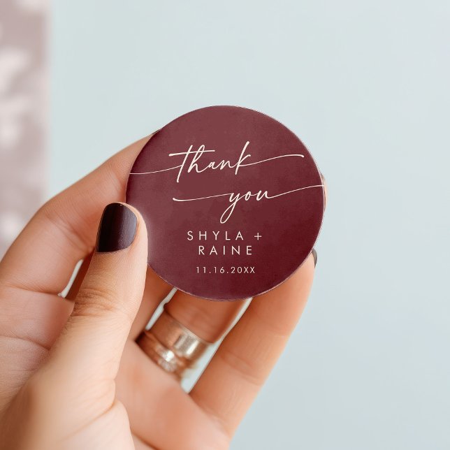 Boho Chic Burgundy Red Thank You Wedding Favour Classic Round Sticker (Creator Uploaded)