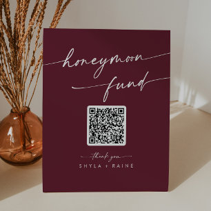Boho Chic Burgundy Red Wedding Honeymoon Fund Pedestal Sign