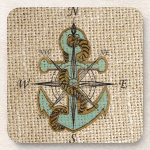 boho chic burlap nautical compass Blue anchor Coaster