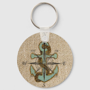 boho chic burlap nautical compass Blue anchor Keychain