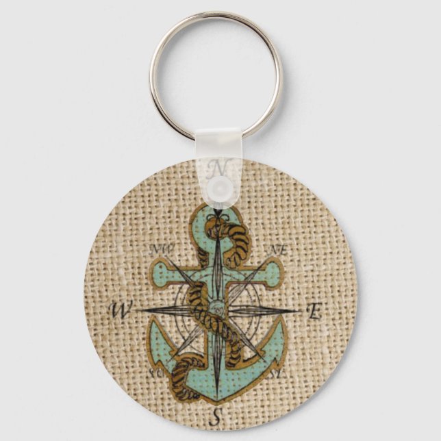 boho chic burlap nautical compass Blue anchor Keychain (Front)