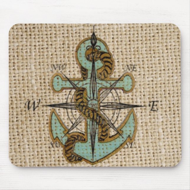 boho chic burlap nautical compass Blue anchor Mouse Pad (Front)