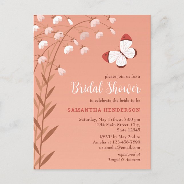 Boho Chic Butterfly Floral Elegant Bridal Shower Invitation Postcard (Front)