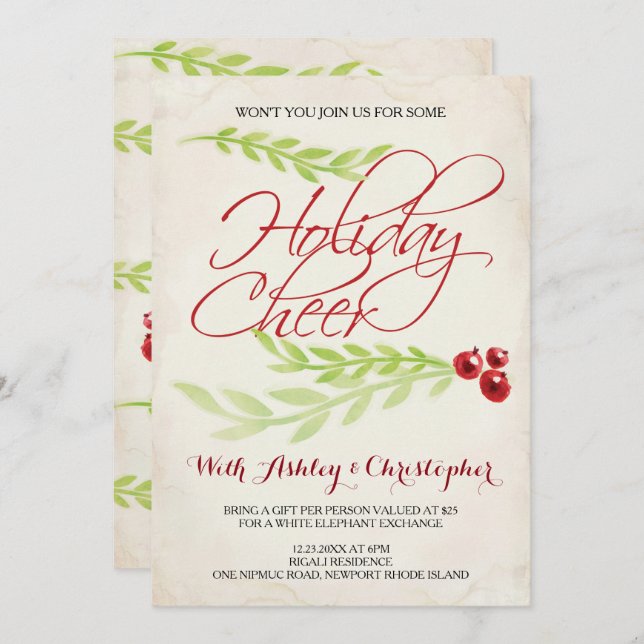 Boho Chic Christmas Party Laurel & Berries Invitation (Front/Back)