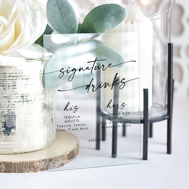 Boho Chic Clear Acrylique Mariage Signature Boisso (Boho Chic Clear Acrylic Wedding Signature Drinks Acrylic Sign)