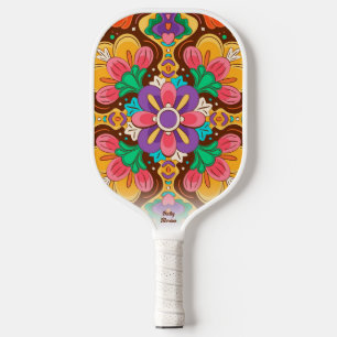 Boho Chic Cool Floral Pattern Custom Name Text Pickleball Paddle