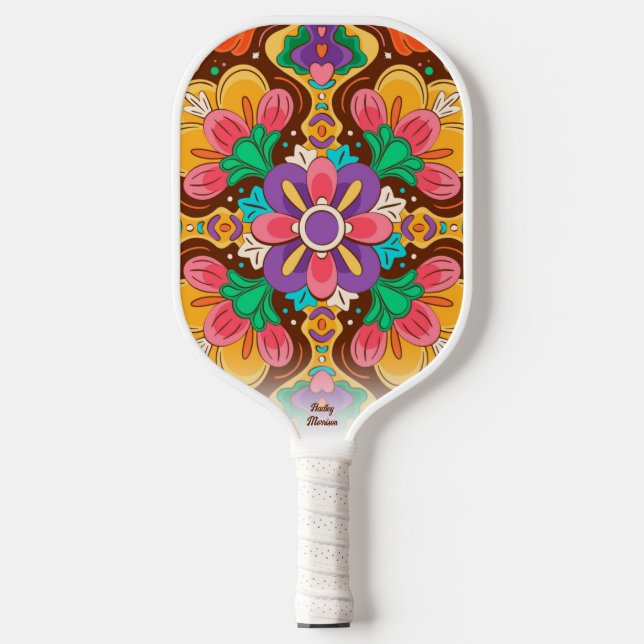 Boho Chic Cool Floral Pattern Custom Name Text Pickleball Paddle (Front)