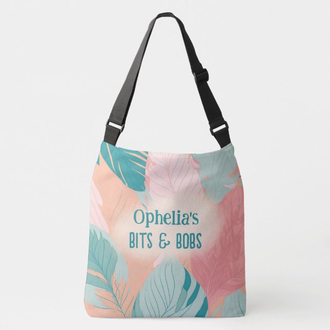 Boho Chic Coral Turquoise Leaves Name Baby Crossbody Bag (Front)