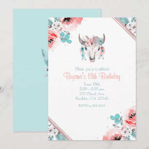 Boho Chic Cow Skull Floral Birthday Invitation