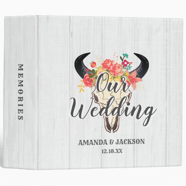 Boho Chic Cow Skull Floral Wedding Photo Album Binder (Front/Spine)
