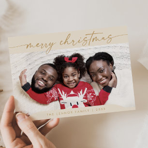Boho Chic Cream Gold Easy Modern Photo Christmas Holiday Card
