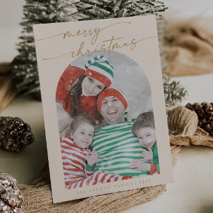 Boho Chic Cream Gold Fun Family Photo Christmas Holiday Card