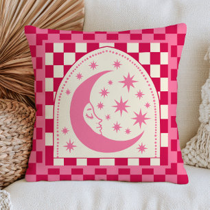 Boho Chic Crescent Moon with Stars Pink Chequered Throw Pillow