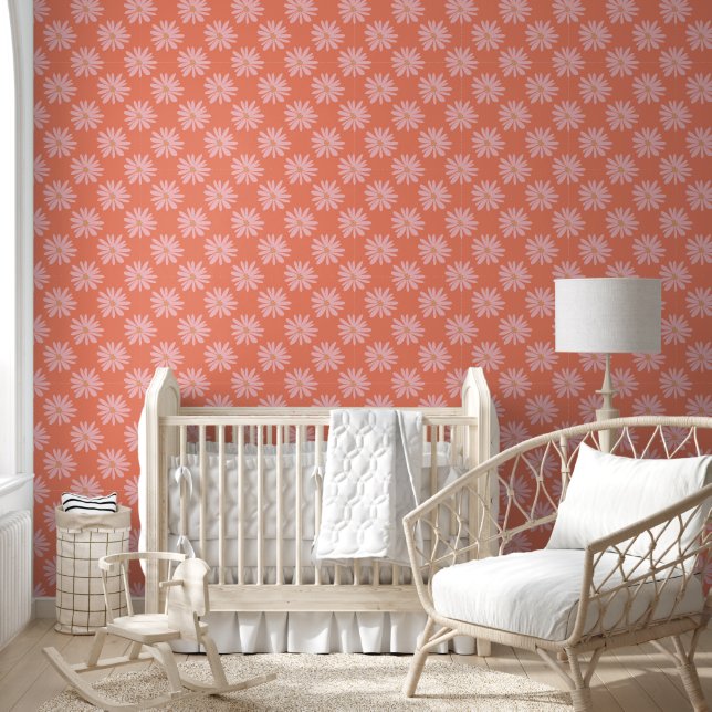 BOHO Chic Daisy Pattern Salmon Peach Retro Floral Wallpaper (Kids)