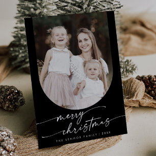 Boho Chic Dark Black Photo Boho Family Christmas Holiday Card