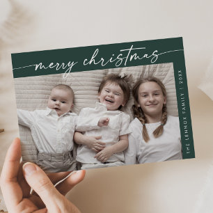 Boho Chic Dark Green Photo Fun Family Christmas Holiday Card