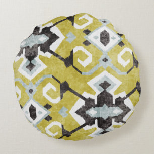 Boho chic dark grey and yellow ikat tribal pattern round pillow