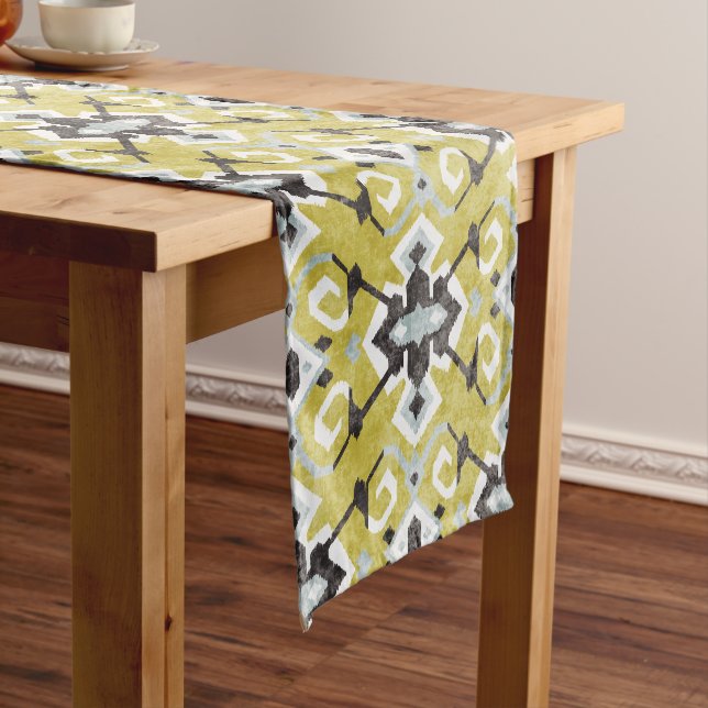 Boho chic dark grey and yellow ikat tribal pattern short table runner (In Situ)