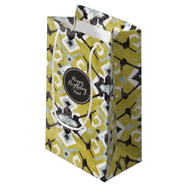Boho chic dark grey and yellow ikat tribal pattern small gift bag (Front Angled)