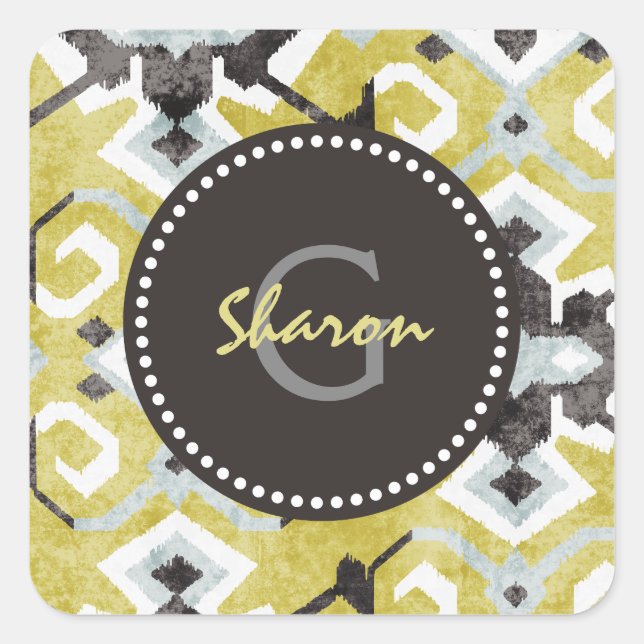 Boho chic dark grey and yellow ikat tribal pattern square sticker (Front)