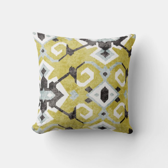 Boho chic dark grey and yellow ikat tribal pattern throw pillow (Front)