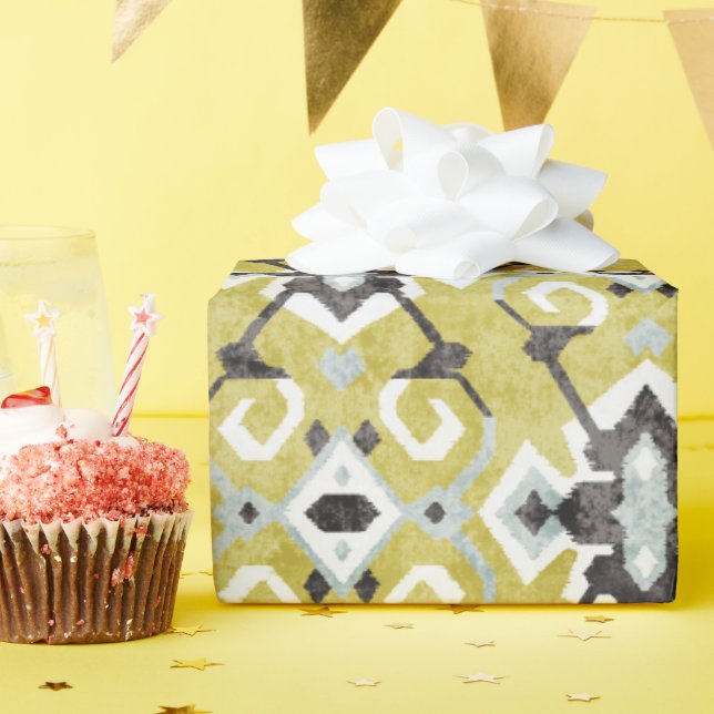 Boho chic dark grey and yellow ikat tribal pattern wrapping paper (Birthday Party)