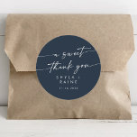 Boho Chic Dark Navy Blue A Sweet Thank You Favour Classic Round Sticker<br><div class="desc">This boho chic dark navy blue a sweet thank you favour classic round sticker is perfect for a minimalist wedding. The muted and moody neutral dark blue modern bohemian design features simple rustic calligraphy with a unique yet classic style.

Personalize your favour stickers with your names and wedding date.</div>