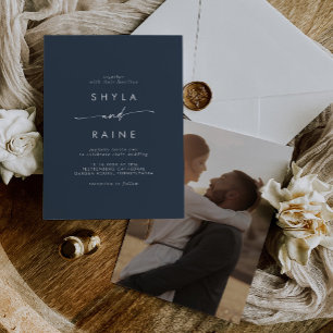 Boho Chic Dark Navy Blue Casual Photo Wedding Invitation