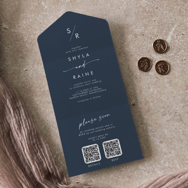 Boho Chic Dark Navy Blue Dual QR Code Wedding All In One Invitation (Creator Uploaded)