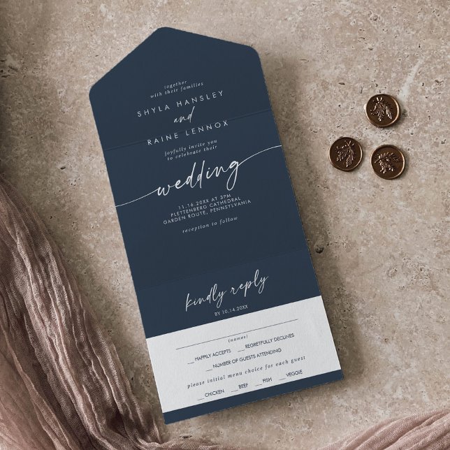 Boho Chic Dark Navy Blue Meal Choice RSVP Wedding All In One Invitation (Creator Uploaded)