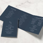 Boho Chic Dark Navy Blue Monogram Wedding Tri-Fold Programme<br><div class="desc">This boho chic dark navy blue monogram wedding tri-fold program is perfect for a minimalist wedding. The muted and moody neutral dark blue modern bohemian design features simple rustic calligraphy with a unique yet classic style. Personalize your wedding program with your initials, names, wedding date and location, your favourite quote...</div>