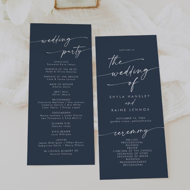 Boho Chic Dark Navy Blue Tea Length Wedding Program (Creator Uploaded)