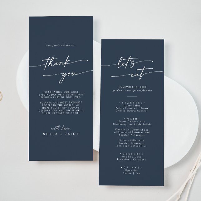 Boho Chic Dark Navy Blue Thank You and Wedding Menu (Creator Uploaded)