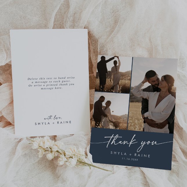 Boho Chic Dark Navy Blue Wedding Photo Collage Thank You Card (Creator Uploaded)