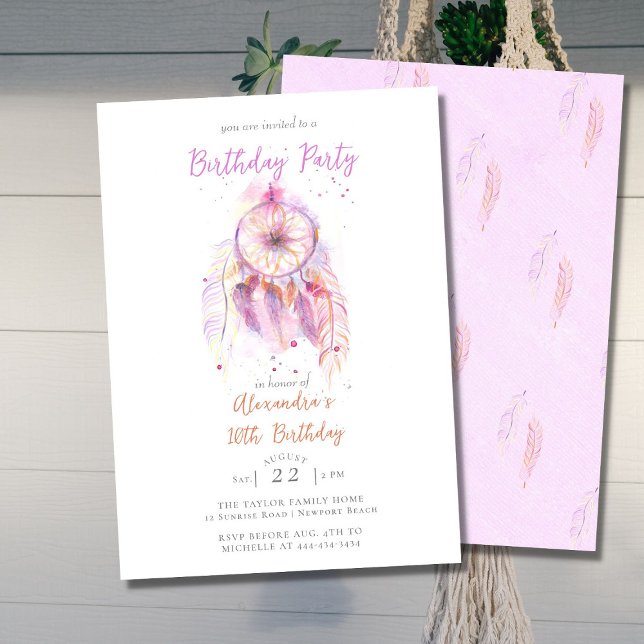 Boho Chic Dreamcatcher Pink Girly Any Age Birthday Invitation (Creator Uploaded)