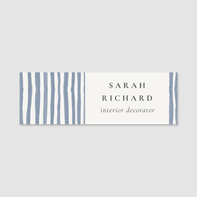 Boho Chic Dusky Blue Watercolor Hand Drawn Strips Name Tag (Front)
