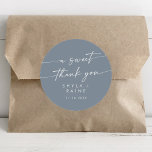 Boho Chic Dusty Blue A Sweet Thank You Favour Classic Round Sticker<br><div class="desc">This boho chic dusty blue a sweet thank you favour classic round sticker is perfect for a minimalist wedding. The neutral light blue grey modern bohemian design features simple rustic calligraphy with a unique yet classic style.

Personalize your favour stickers with your names and wedding date.</div>