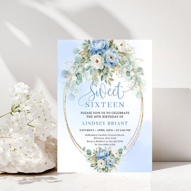 Boho Chic Dusty Blue Floral Gold Sweet 16 Birthday Invitation (Chic Dusty Blue Floral Gold Sweet 16 Birthday Invitation)