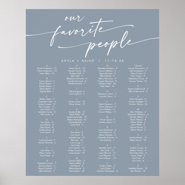 Boho Chic Dusty Blue Printable Seating Chart (Front)