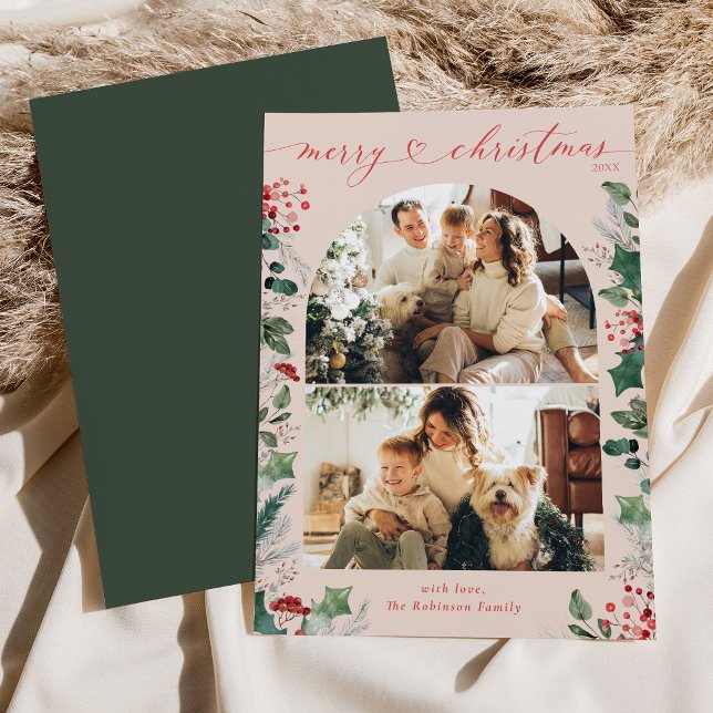 Boho Chic Dusty Pink Botanical Photo Christmas Holiday Card (Creator Uploaded)